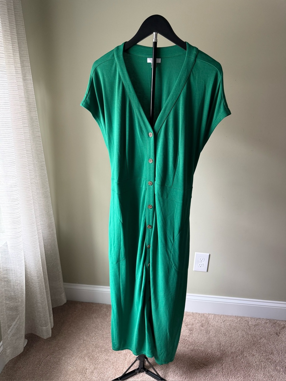 J.Jill Green Button-Front V-Neck Midi Green Dress SZ L (20.5" P2P 19.5" W)